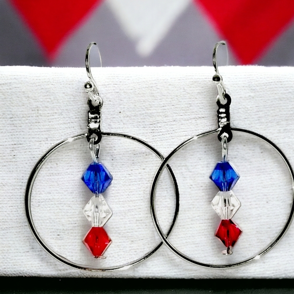 ⭐Silver Hoop Earrings w/Red, White & Blue Crystal, Handmade, 4th of July Accesso